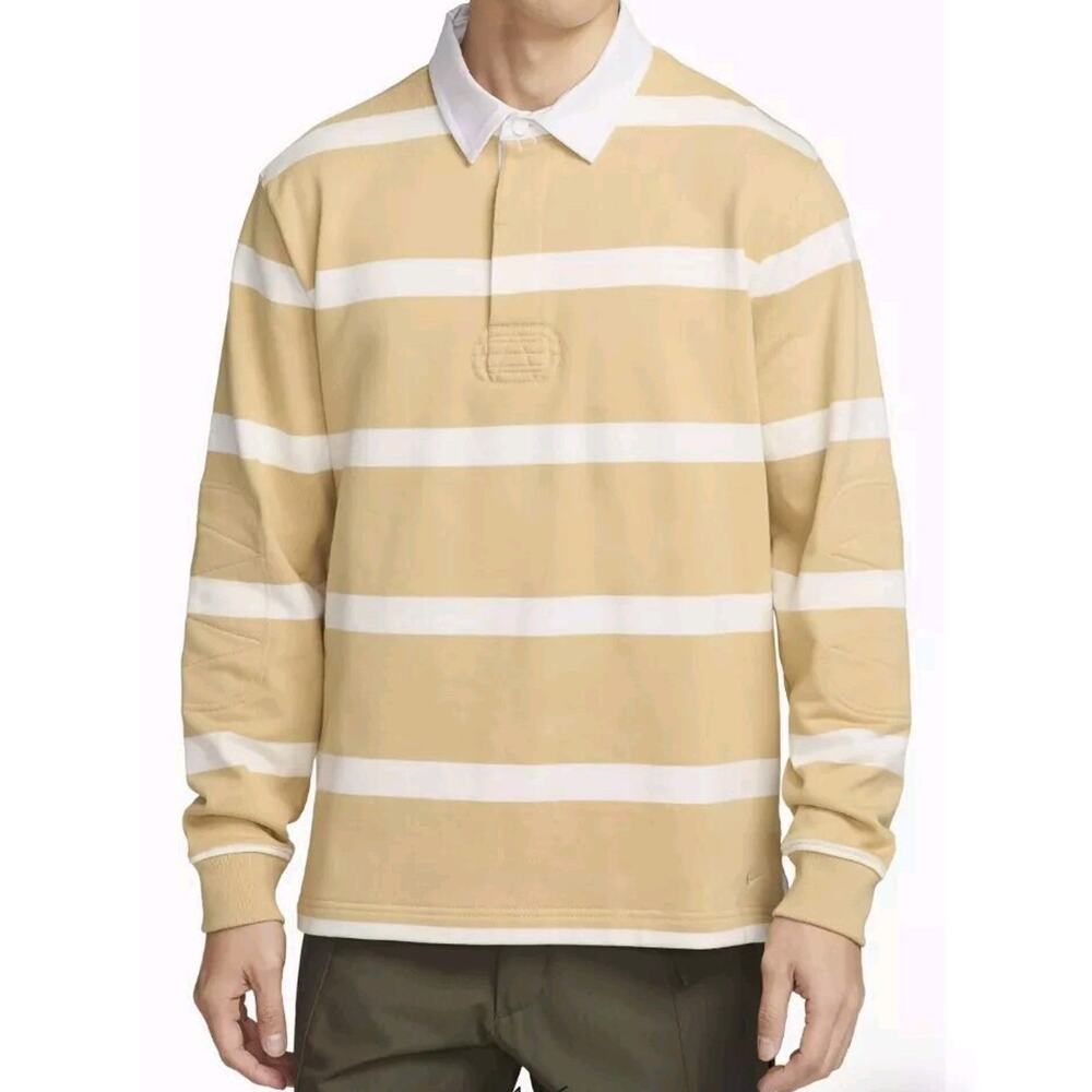 Men's Nike Size L Life Striped Heavyweight Rugby Shirt FN3122-252 Color Tan Ca6